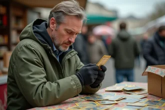 Collectionneur examinant une carte Pokémon rare holographique dans un vide-grenier en plein air