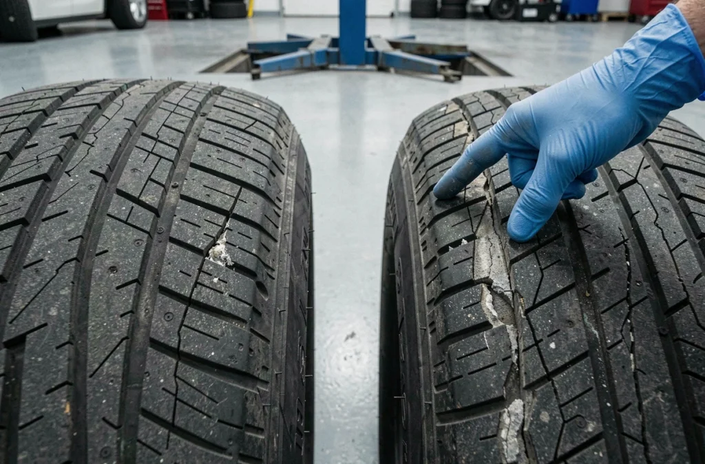 Comparaison entre un pneu bien entretenu aux rainures profondes et un pneu usé présentant des craquelures sur le sol d'un centre automobile