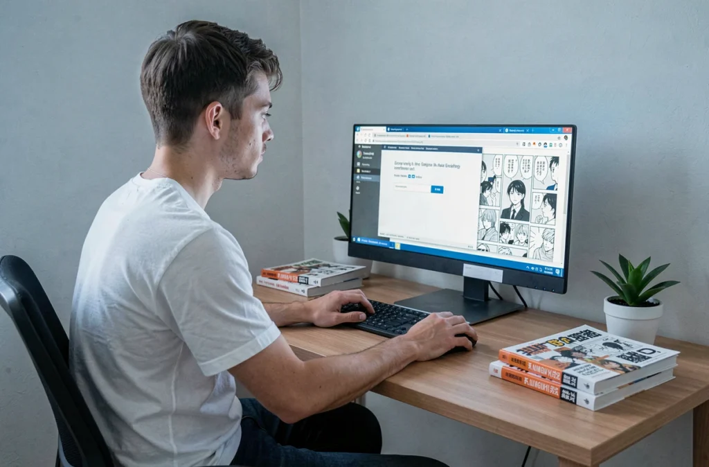 Jeune homme comparant des scans de manga sur son ordinateur de bureau pour retrouver un chapitre supprimé