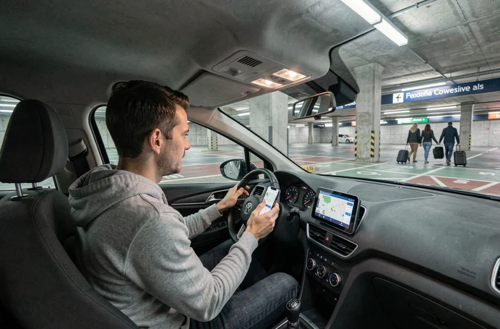 Conducteur de covoiturage attendant ses passagers dans le parking souterrain d'une gare française