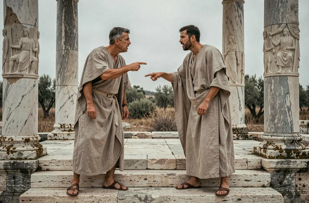 Deux hommes en toge romaine dans une confrontation dramatique sur les marches d'un forum antique en ruine, évoquant la maxime philosophique 'l'homme est un loup pour l'homme'