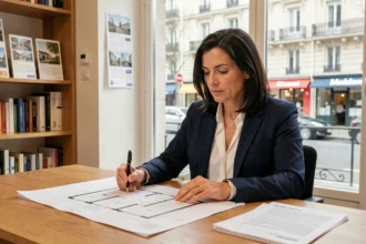 Conseillère immobilière analysant des documents d'investissement locatif dans une agence en ville moyenne