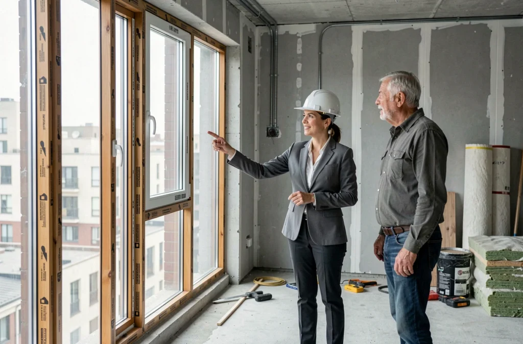 Conseillère en rénovation énergétique présentant un double vitrage à un propriétaire dans un appartement en travaux