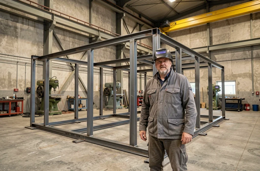 Artisan des Constructions Métalliques De Douzy assemblant une structure métallique industrielle dans un atelier ardennais