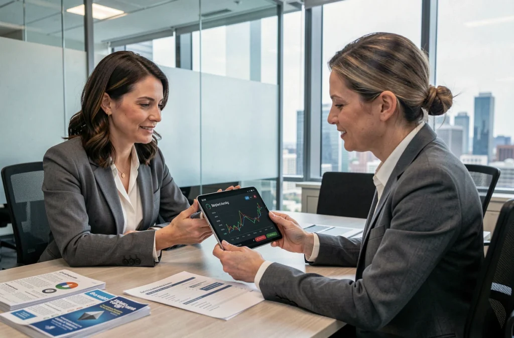 Femme investissant en cryptomonnaies en consultation avec un conseiller fiscal dans un bureau professionnel moderne