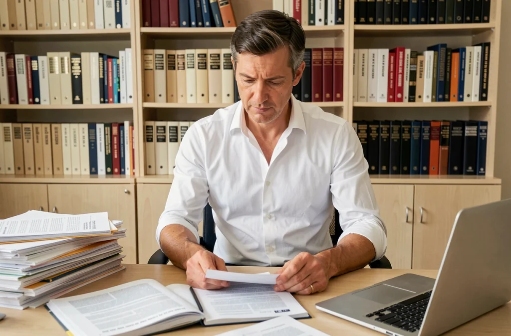Homme examinant un guide de style linguistique français dans un bureau éditorial rempli de dictionnaires