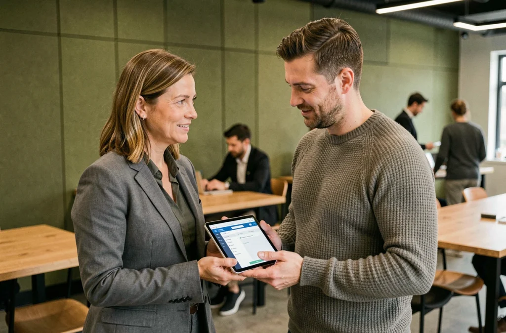 Deux professionnels coordinateurs discutant d'un projet sur une tablette dans un espace de coworking
