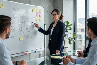 Femme coordinatrice présentant un organigramme sur un tableau blanc dans un bureau moderne