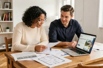 Couple de primo-accédants examinant des documents immobiliers et des plans de logement sur une table en bois dans un appartement moderne
