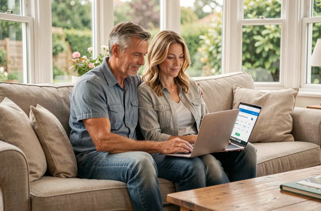 Un couple compare des offres d'assurance emprunteur en ligne depuis leur salon pour profiter de la résiliation à tout moment