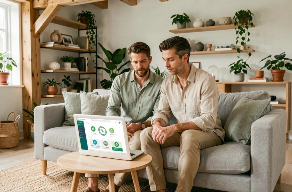 Un couple de trentenaires consulte un tableau de bord d'investissements durables ESG sur un ordinateur portable dans leur salon contemporain