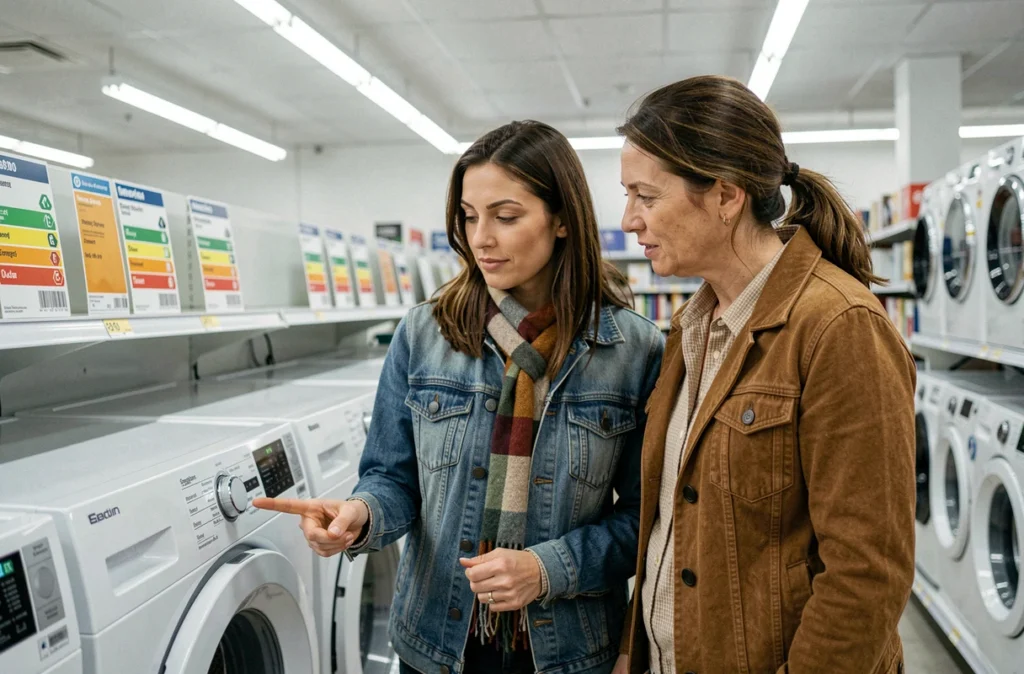 Couple comparant les étiquettes énergétiques d'appareils électroménagers dans un magasin