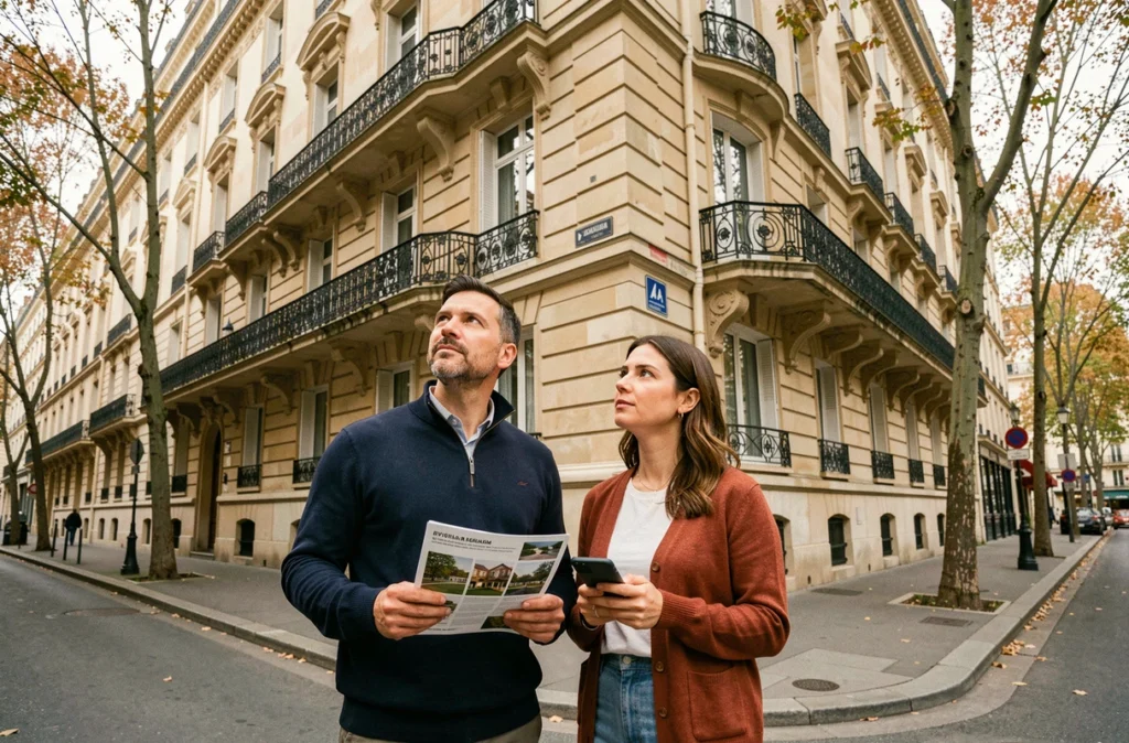 Couple de nouveaux investisseurs immobiliers évaluant un immeuble haussmannien à Paris pour un investissement locatif