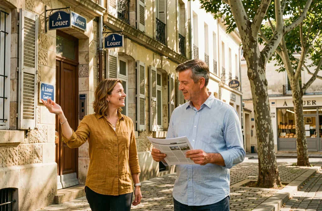 Couple d'investisseurs visitant des maisons de ville à louer dans une rue résidentielle d'une ville moyenne