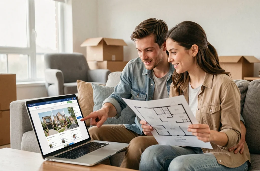 Couple recherchant un bien immobilier en ligne depuis leur salon grâce à une plateforme digitale de visites virtuelles
