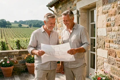 Couple de quadragénaires sur la terrasse en bois d'une résidence secondaire en pierre à la campagne, consultant des plans architecturaux avec un vignoble en arrière-plan