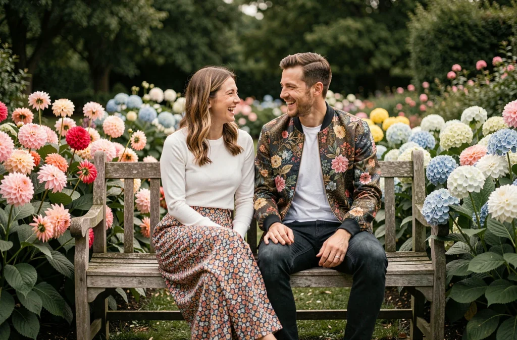 Couple assorti en tenues à motifs fleuris assis sur un banc dans un jardin botanique fleuri