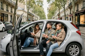 Groupe de covoitureurs montant dans une voiture en banlieue parisienne avec application de covoiturage sur smartphone