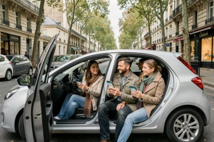 Groupe de covoitureurs montant dans une voiture en banlieue parisienne avec application de covoiturage sur smartphone