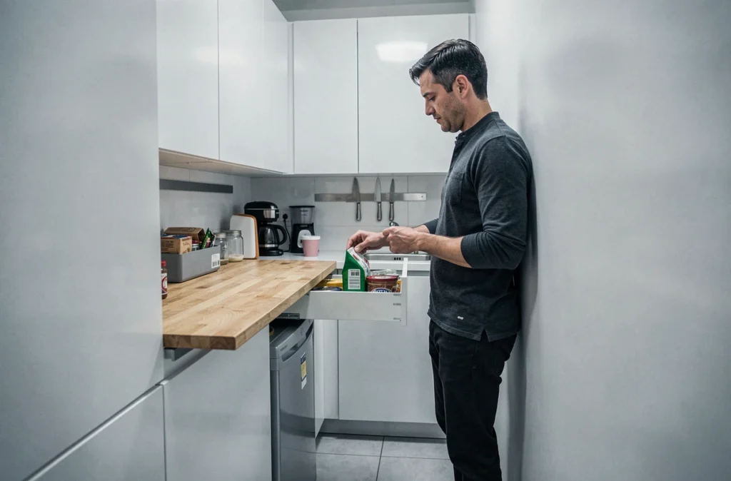 Homme explorant un garde-manger coulissant dans une cuisine en couloir entièrement optimisée avec placards du sol au plafond