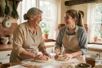 Grand-mère et petite-fille préparant de la pâte ensemble dans une cuisine familiale rustique