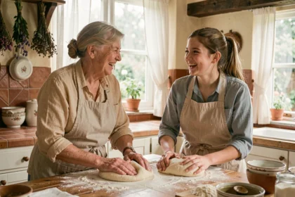 Grand-mère et petite-fille préparant de la pâte ensemble dans une cuisine familiale rustique