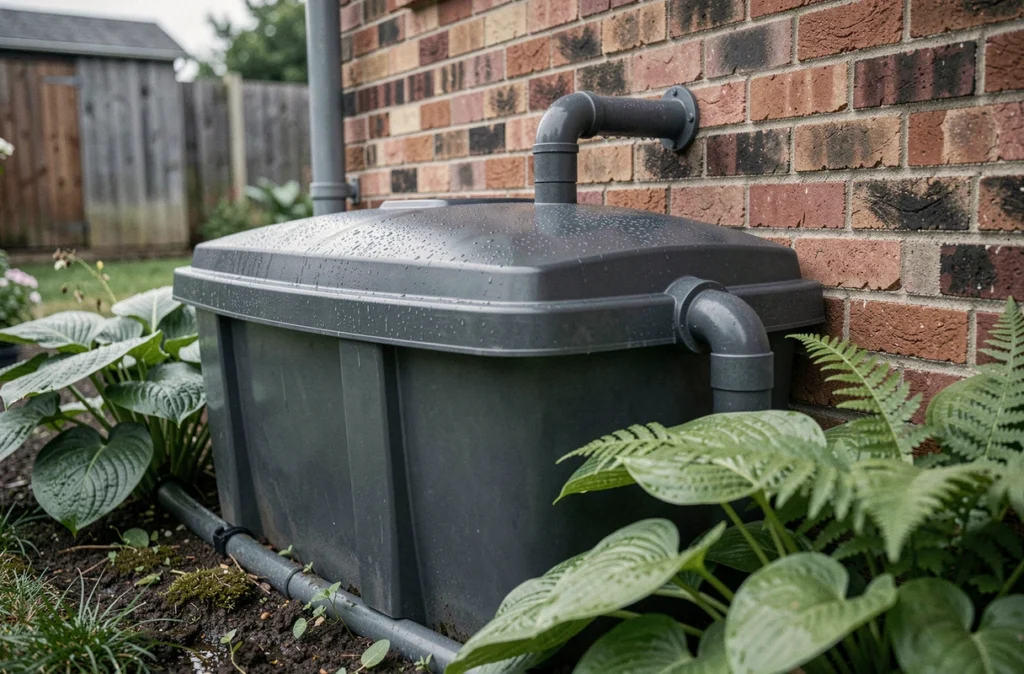 Cuve de récupération d'eau de pluie moderne fixée à une gouttière sur un mur de briques dans un jardin