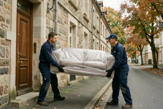 Deux déménageurs professionnels en uniforme portant un canapé emballé devant une maison en pierre traditionnelle à Nancy en Meurthe-et-Moselle