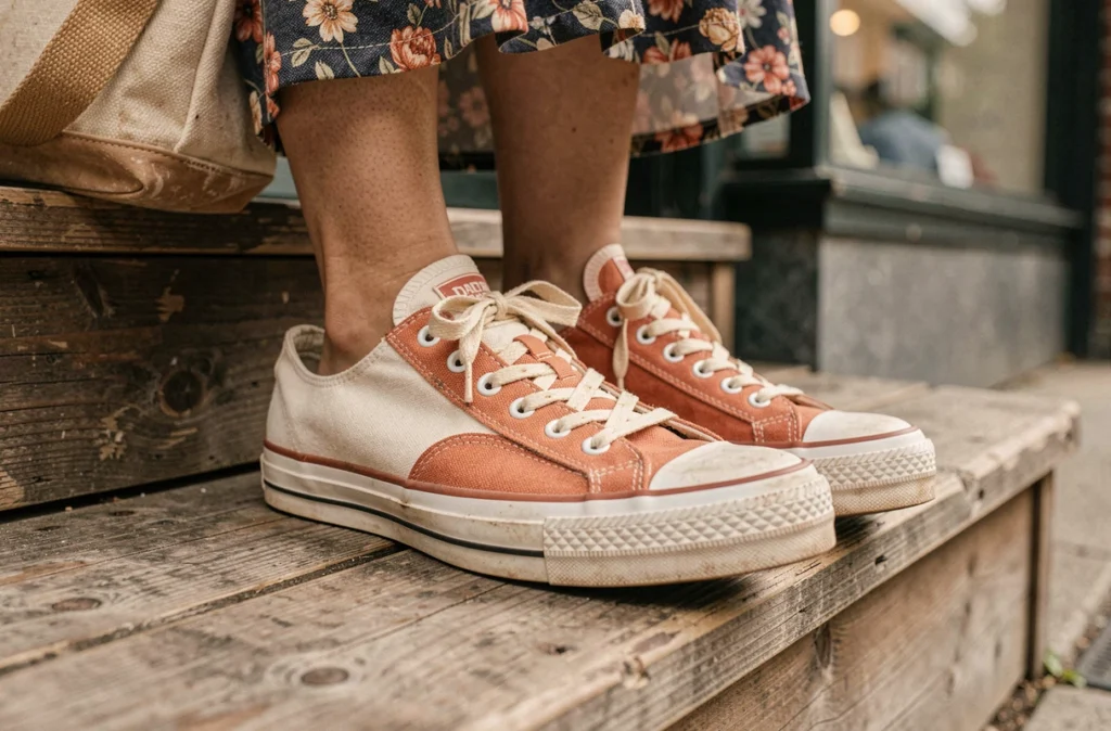 Gros plan sur des baskets rétro en toile blanc cassé et terracotta posées sur des marches en bois devant une boutique vintage