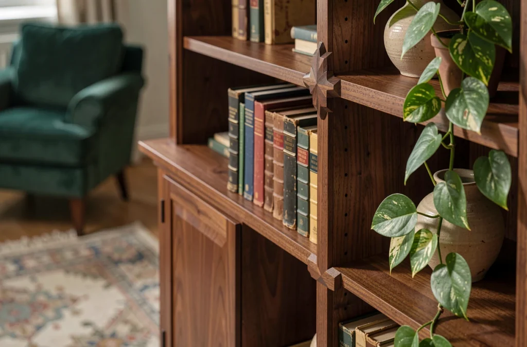 Détail d'une bibliothèque en noyer sur mesure avec assemblage en queue d'aronde, livres vintage et plante verte dans un salon cosy