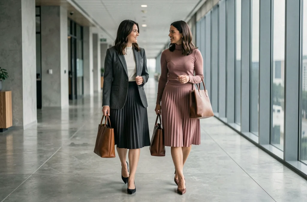 Deux femmes en jupes plissées marchant dans un couloir de bureau moderne, tenues professionnelles élégantes