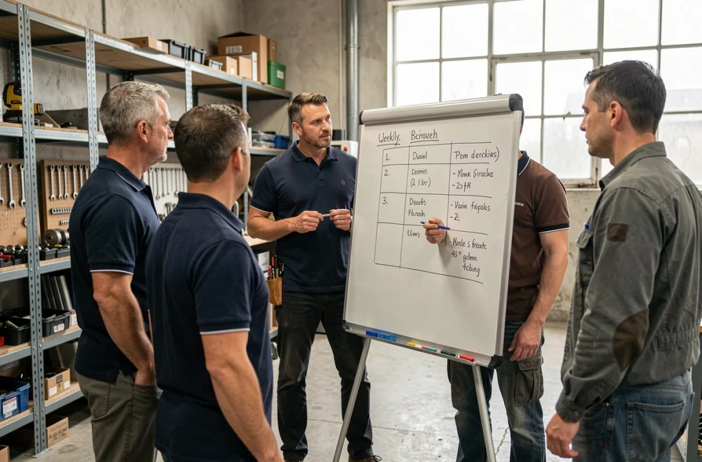 Dirigeant de PME industrielle discutant de l'organisation de la semaine de quatre jours avec son équipe devant un tableau blanc dans un atelier de fabrication