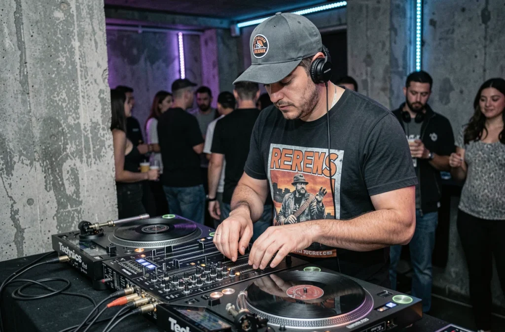DJ FEEL en pleine concentration sur des platines vinyles dans un club underground en Essonne