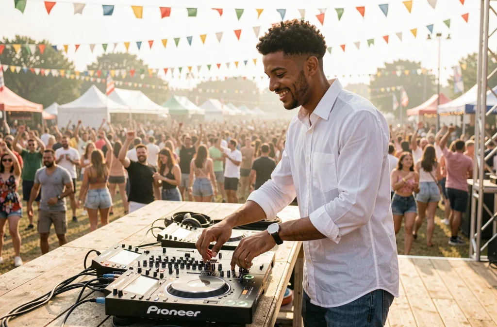 DJ Kassou mixant sur scène lors d'un festival estival en plein air en Essonne
