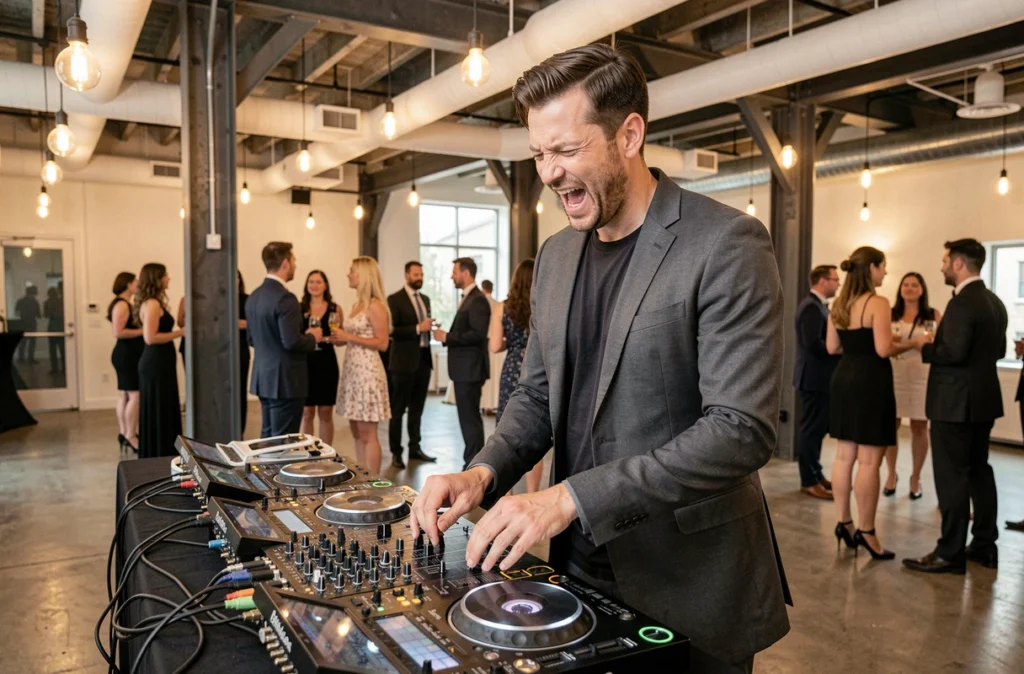 DJ Lexxo en prestation passionnée lors d'un cocktail chic dans un loft moderne en Essonne