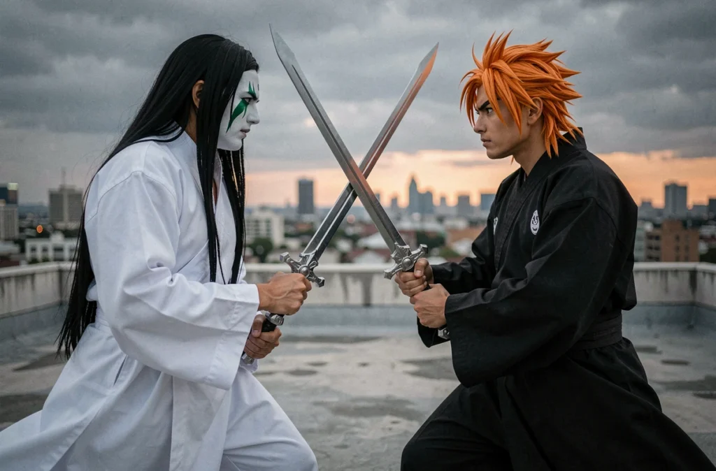 Duel entre cosplayers Ulquiorra Schiffer et Ichigo Kurosaki de Bleach sur un rooftop urbain au crépuscule