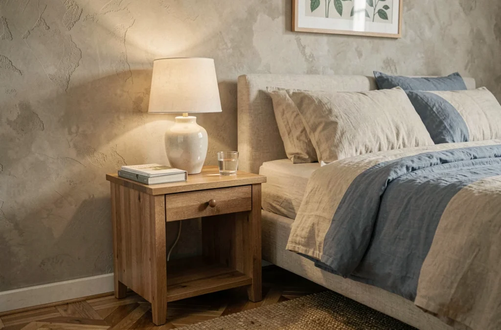 Lampe de chevet en céramique sur table de nuit dans une chambre cosy aux tons neutres