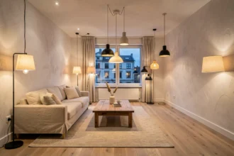 Salon moderne avec différents types de luminaires pour un éclairage ambiant chaleureux et équilibré