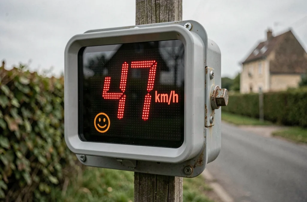 Gros plan sur l'écran numérique d'un radar pédagogique affichant une vitesse en rouge sur route secondaire