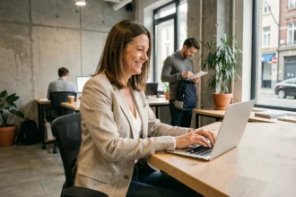Employée de PME française fermant son ordinateur portable le vendredi après-midi, souriante, dans un bureau moderne en open space symbolisant la semaine de quatre jours