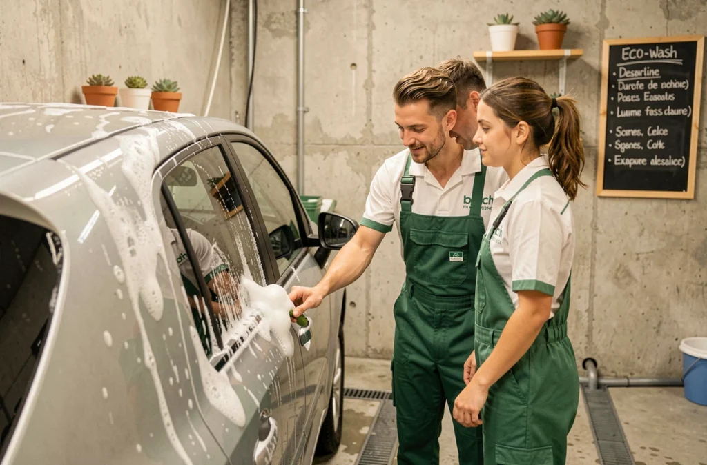 Deux employés en uniforme inspectent un lavage à la mousse biodégradable sur une voiture dans un établissement de lavage automobile écologique