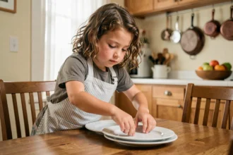 Petite fille de 8 ans portant un tablier rayé qui dresse la table avec soin dans une cuisine familiale chaleureuse, illustrant l'autonomie des enfants dans les tâches ménagères