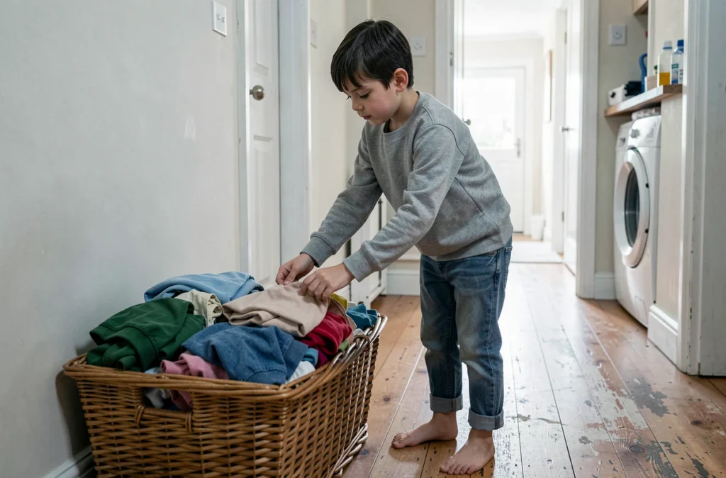 Garçon d'environ 10 ans triant le linge par couleur dans un couloir de maison familiale, une tâche ménagère qui développe l'autonomie et le sens des responsabilités chez l'enfant