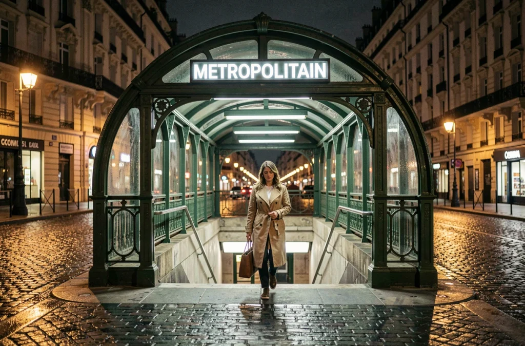 Entrée de station de métro parisienne la nuit avec marquise art nouveau illuminée et passante sur le trottoir mouillé