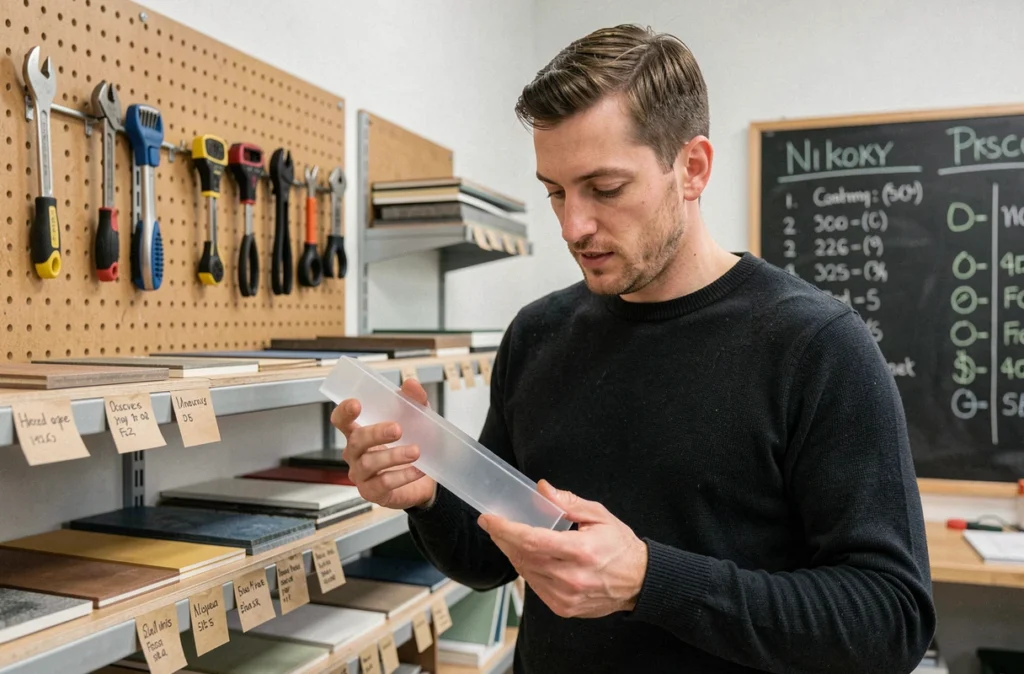 Entrepreneur en start-up tenant un prototype de produit éco-conçu en bioplastique dans un laboratoire de design durable