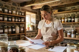 Entrepreneuse rurale en boulangerie artisanale consultant ses documents financiers liés à un microcrédit