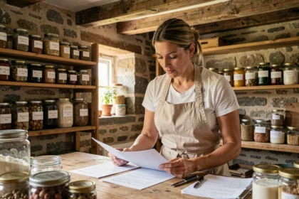 Entrepreneuse rurale en boulangerie artisanale consultant ses documents financiers liés à un microcrédit