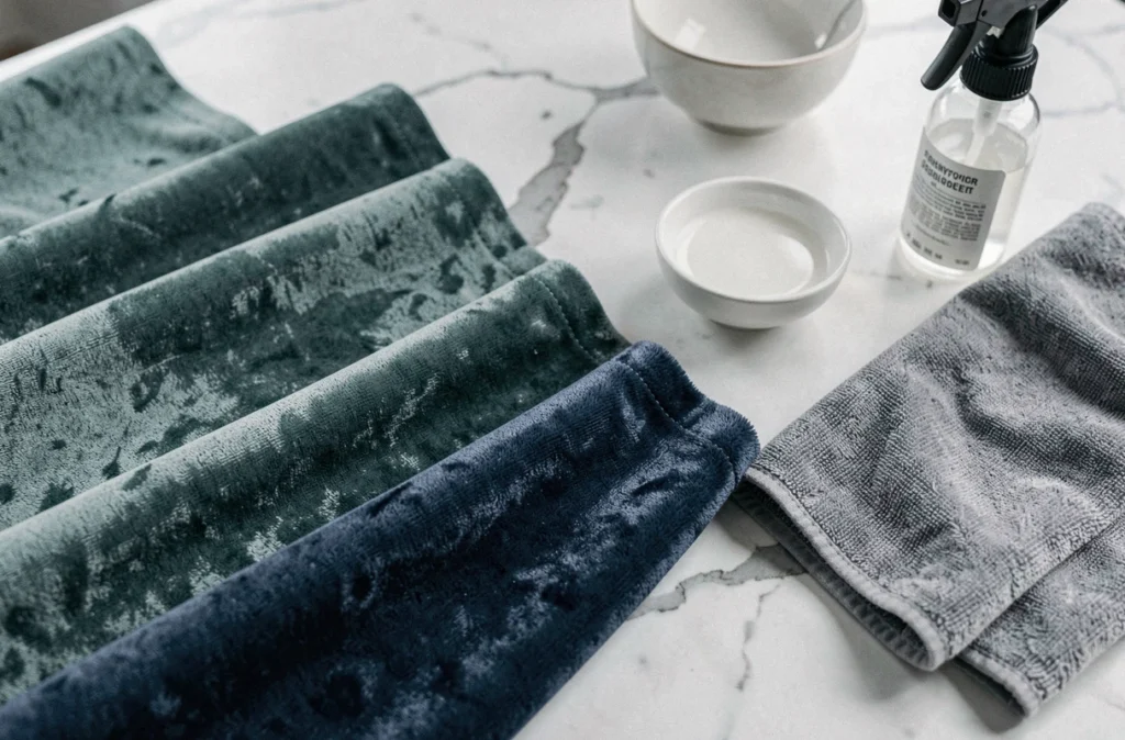 Détail de rideaux en velours posés sur un comptoir en marbre avec des produits naturels d'entretien textile