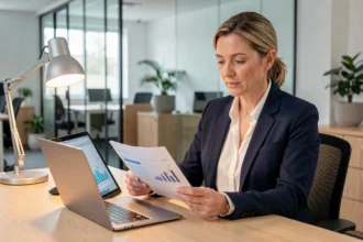 Femme cadre en entreprise consultant des documents d'épargne salariale sur son bureau dans un open space moderne
