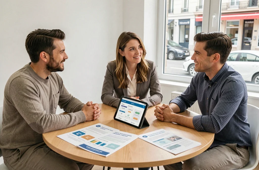 Groupe de collègues discutant de dispositifs d'épargne salariale autour d'une table de réunion en PME
